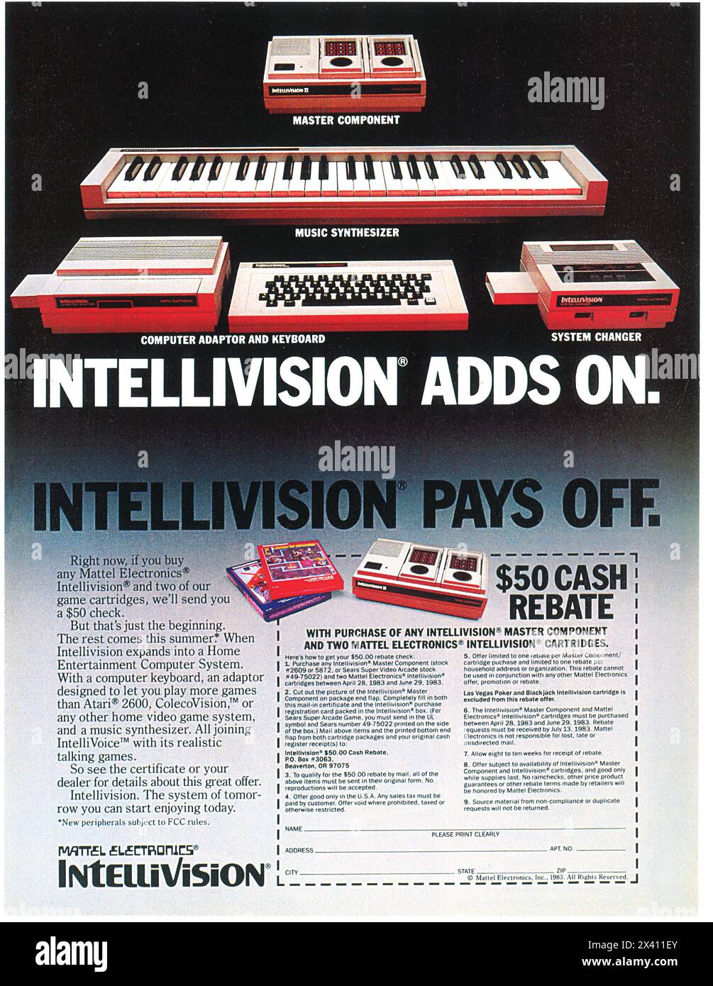 1983 cartucce Intellivision Mattel Electronics ad- sistema di computer per l'intrattenimento domestico Mattel Foto Stock