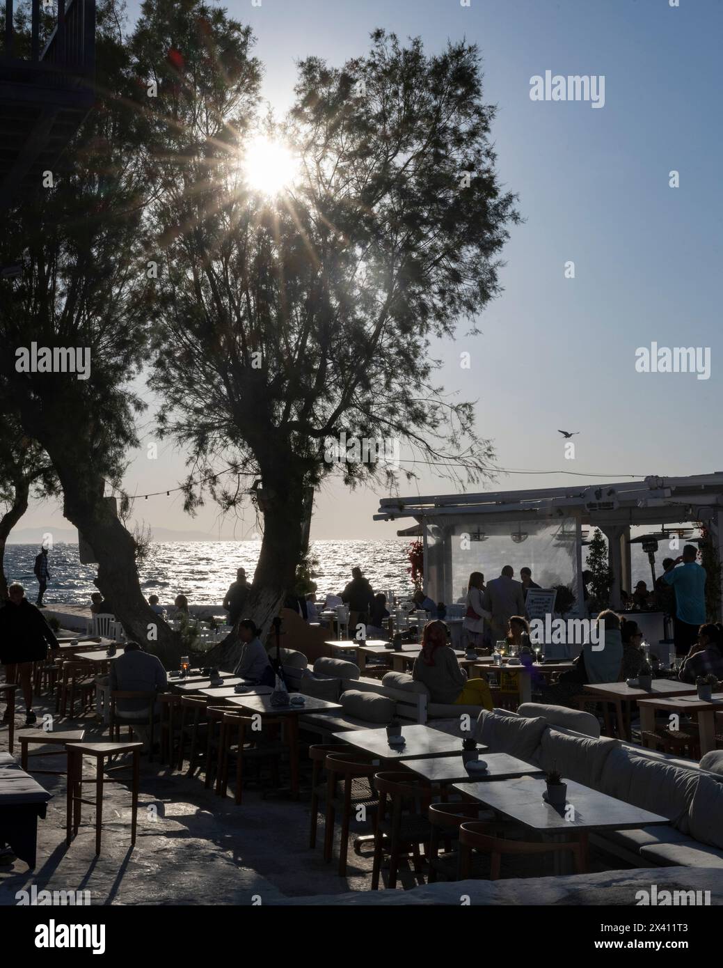 Cena all'aperto sotto un sole caldo lungo il lungomare di Mykonos; Mykonos, Egeo meridionale, Grecia Foto Stock