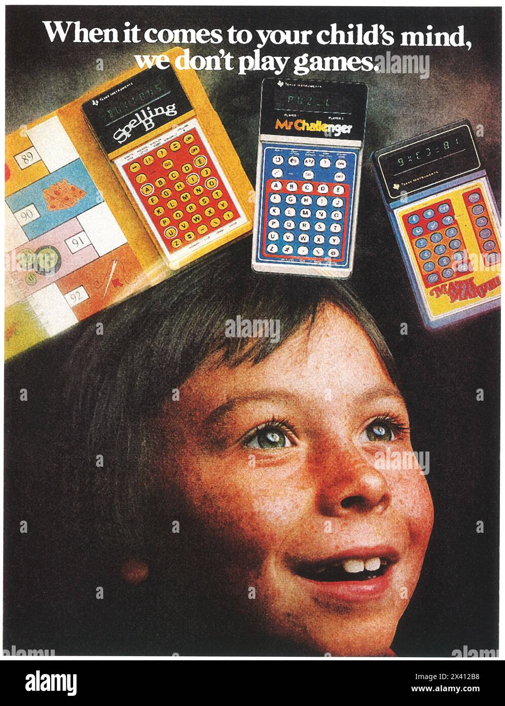 1980 annuncio di Texas Instruments - "quando si tratta della mente di tuo figlio, non giochiamo" Foto Stock