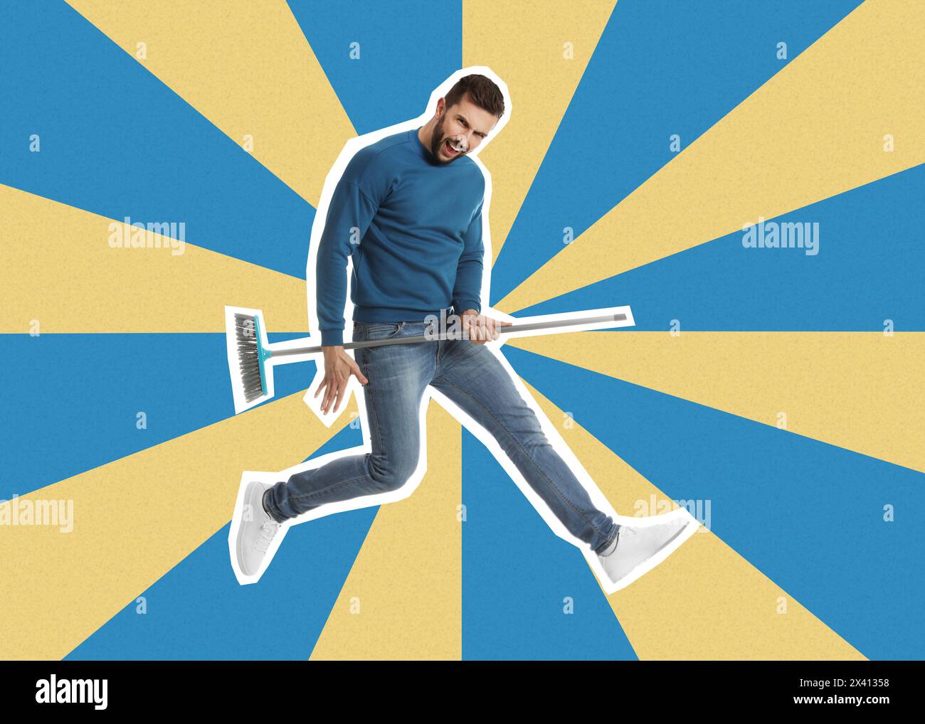 Poster pop art. Uomo divertente con scopa che salta su uno sfondo a righe luminose, stile da pinzare Foto Stock
