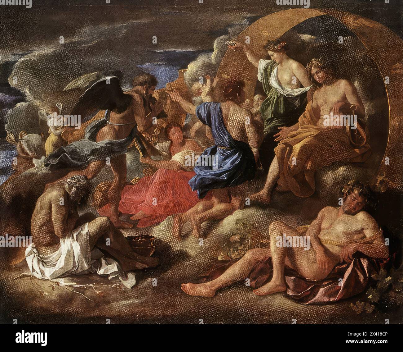 POUSSIN, Nicolas (B. 1594, Les Andelys, d. 1665, Roma) Helios e Phaeton con Saturno e le quattro stagioni c. 1635 olio su tela, 122 x 153 cm Staatliche Museen, Berlino nella mitologia greca Phaeton era figlio di Helios, il dio del sole. (Per i Greci la natura e le funzioni di Apollo ed Elio erano distinte e separate. L'identificazione di Apollo con il sole fu uno sviluppo successivo, e fu particolarmente associata al suo culto in epoca romana.) Helios guidava il suo carro ogni giorno attraverso il cielo. Il suo carro d'oro è una "quadriga" attaccata a una squadra di quattro cavalli. Ovidio parla del palazzo di H. Foto Stock