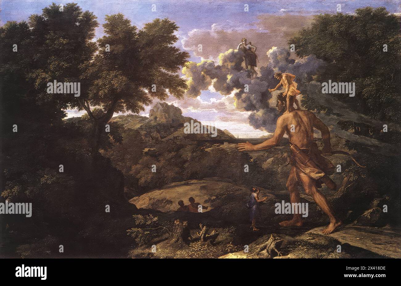 POUSSIN, Nicolas (B. 1594, Les Andelys, d. 1665, Roma) paesaggio con Diana e Orion 1660-64 olio su tela, 119 x 183 cm Metropolitan Museum of Art, New York Poussin in vecchiaia era il grande vecchio dei pittori francesi a Roma. Stimato da tutti e raccolto da intenditori esigenti, era venerato come l'uomo che aveva elevato la pittura a un piano molto più serio di molti dei suoi contemporanei italiani, la cui statura era spesso quella di un decoratore. All'inizio degli anni '1660, tuttavia, un grande cambiamento, che va descritto come una fase completamente nuova, è arrivato all'arte di Poussin. Solo alcune foto da Foto Stock