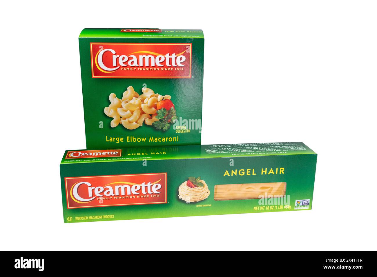 Scatole di creamette isolate su sfondo bianco Foto Stock