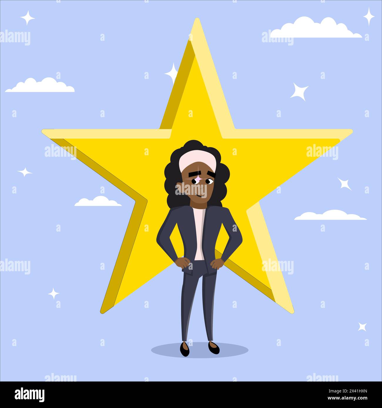 Premio per il dipendente Black Female Character Star, concetto di successo o leadership, dipendente del mese, dipendente valutato Illustrazione Vettoriale