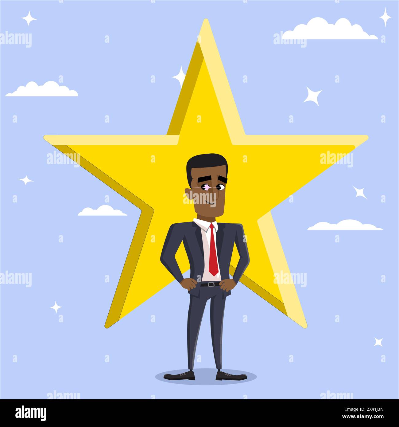 Premio per dipendenti Black male Character Star, concetto di successo o leadership, dipendente del mese, dipendente valutato Illustrazione Vettoriale