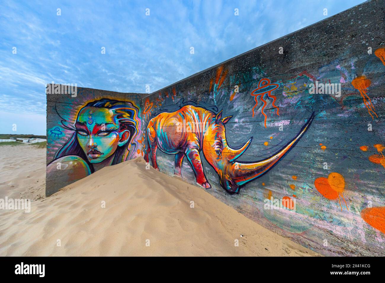 Francia, Costa d'Opale, Pas de Calais, SangatteArte di strada sul bunker. Spiaggia di Bleriot-Plage Foto Stock
