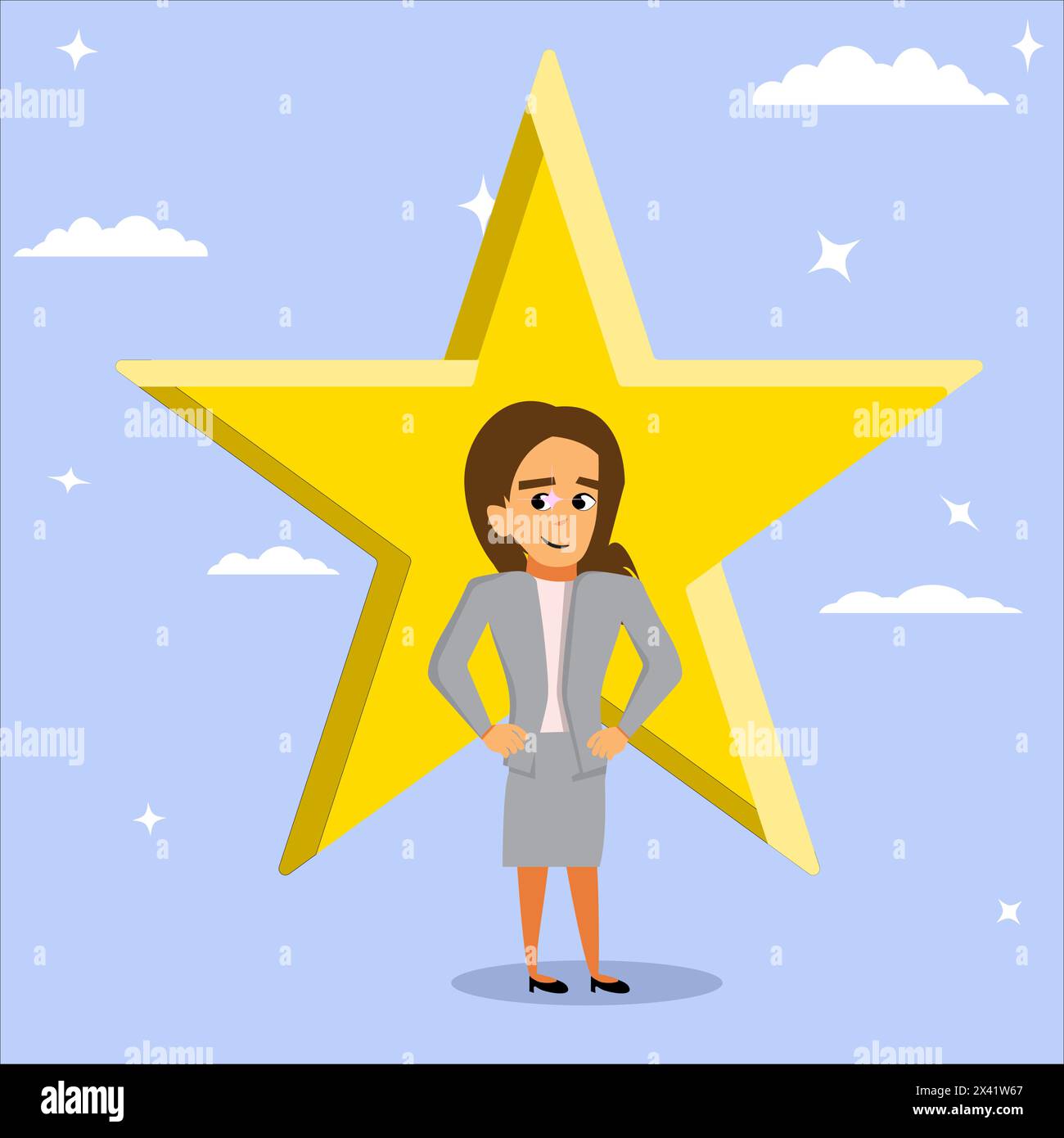 Premio dipendente White Female Character Star, concetto di successo o leadership, dipendente del mese, dipendente valutato Illustrazione Vettoriale
