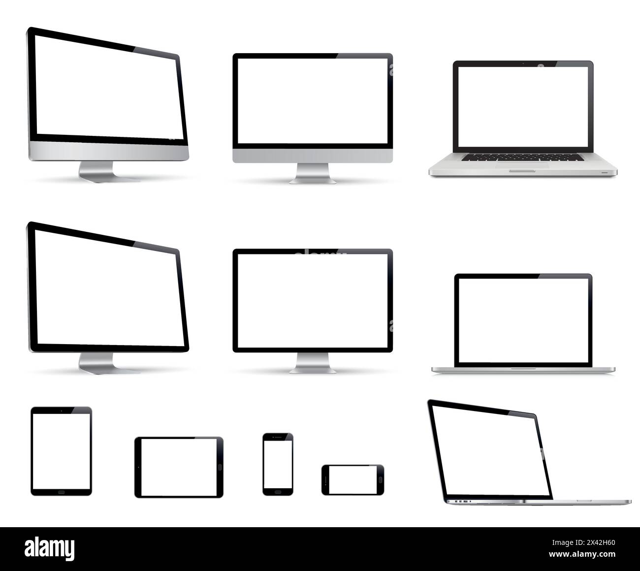 Set realistico di monitor, laptop, tablet, smartphone. Raccolta dispositivi - illustrazione vettore scorte Illustrazione Vettoriale