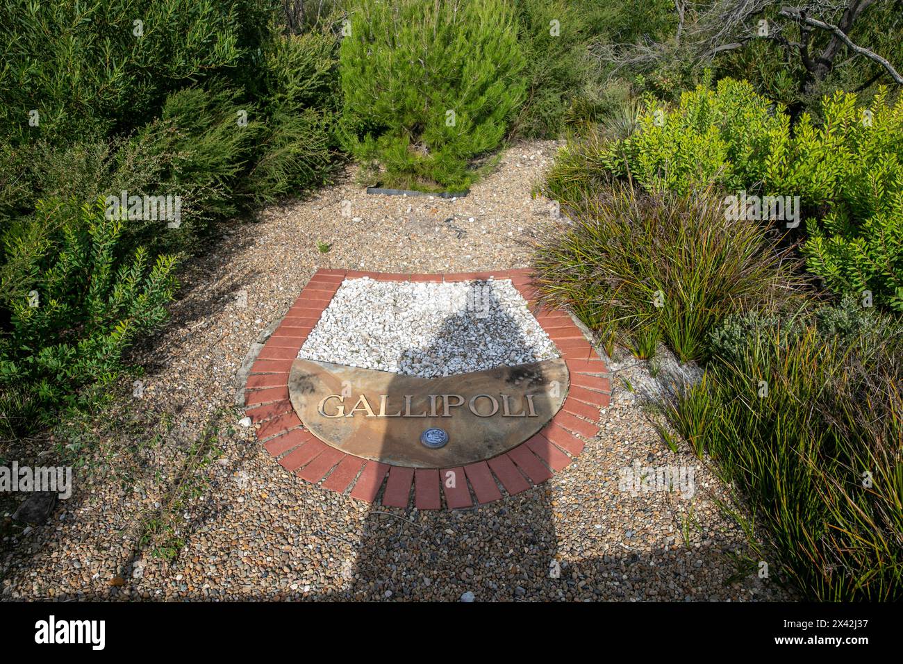 Monumento alla guerra di Gallipoli con targa che descrive la battaglia di Lone Pine nell'agosto 1915, Memorial Walk North Head Manly, Sydney, Australia Foto Stock