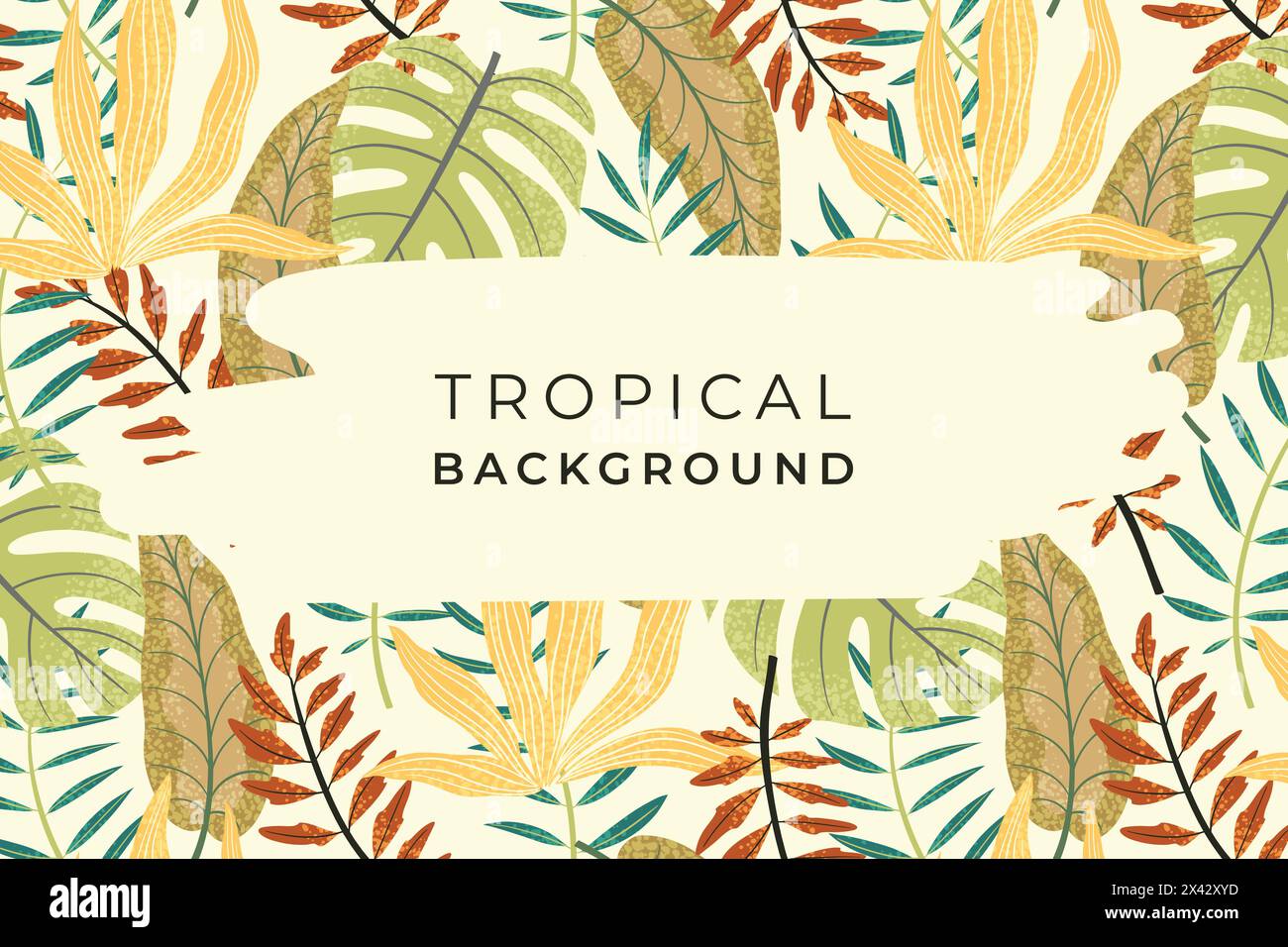 Sfondo vettoriale con foglie tropicali e forme astratte in stile trendy. Modello per promozioni estive, banner, volantino, Web Illustrazione Vettoriale