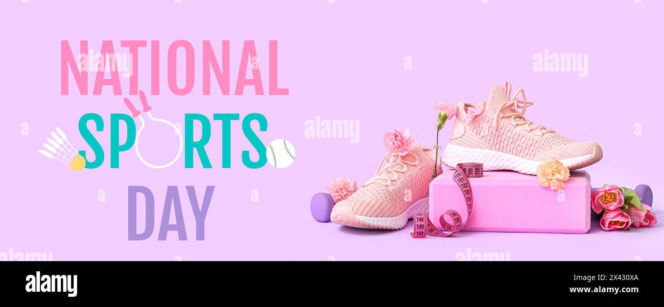 Banner per la giornata Nazionale dello Sport con attrezzature e fiori diversi Foto Stock
