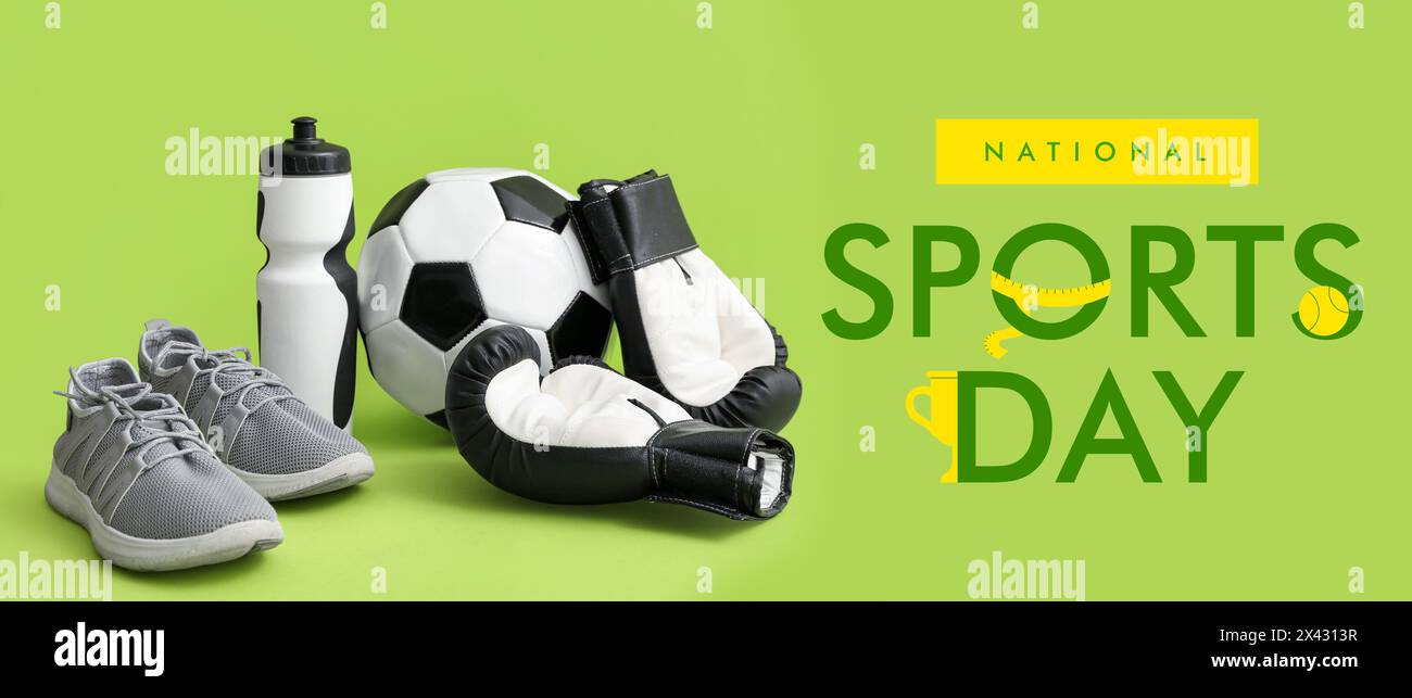 Banner per la giornata Nazionale dello Sport con diverse attrezzature Foto Stock
