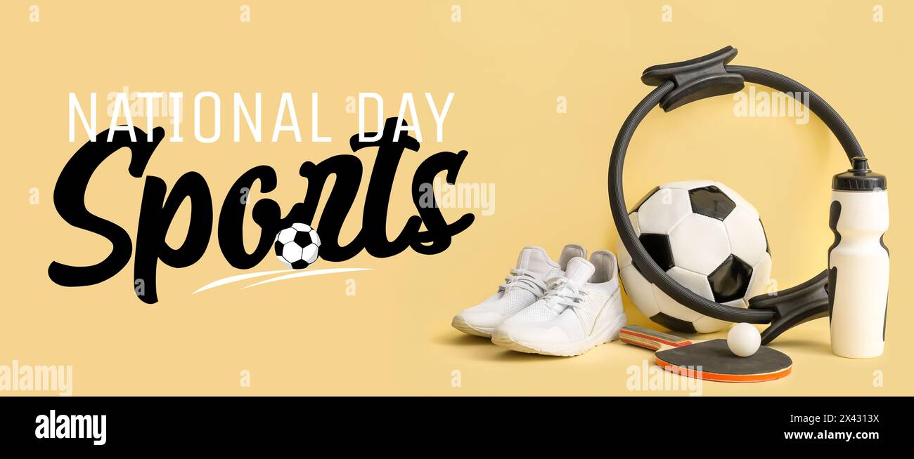 Banner per la giornata Nazionale dello Sport con attrezzature e fiori diversi Foto Stock