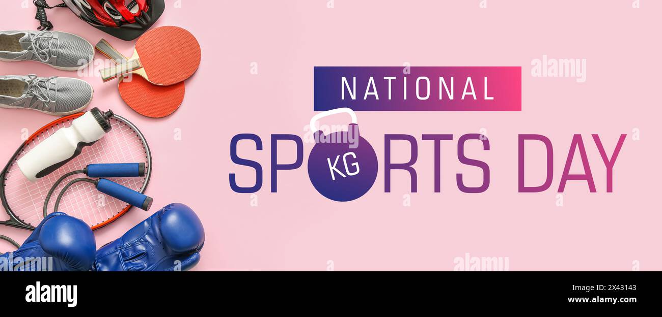 Banner per la giornata Nazionale dello Sport con diverse attrezzature Foto Stock