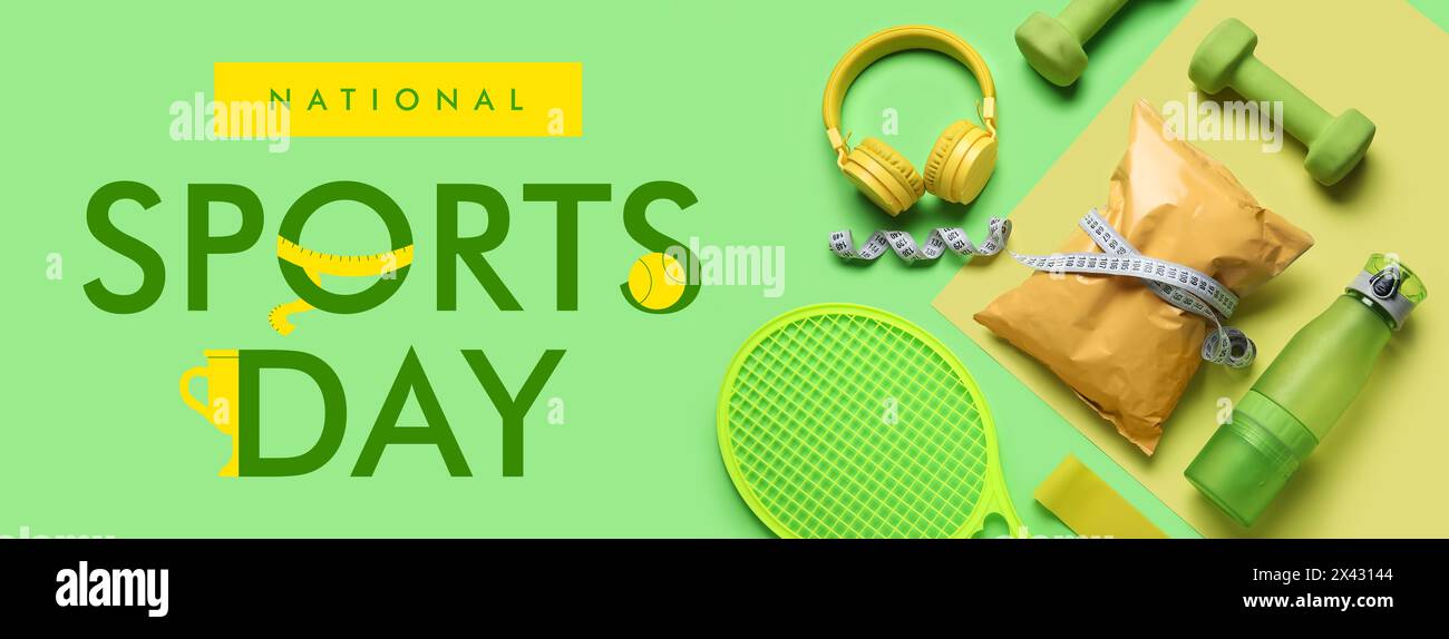 Banner per la giornata Nazionale dello Sport con diverse attrezzature Foto Stock