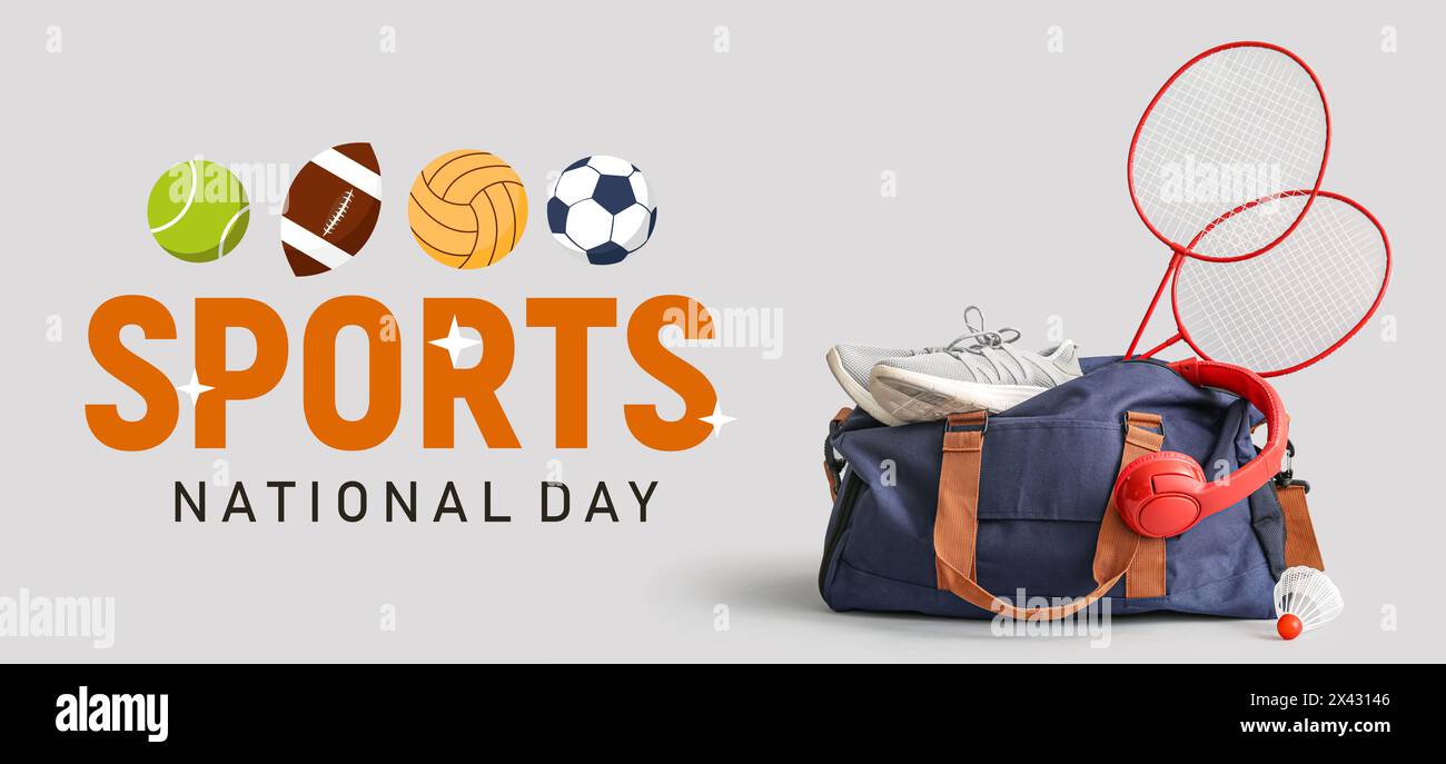 Banner per la giornata nazionale dello sport con borsa e attrezzature diverse Foto Stock