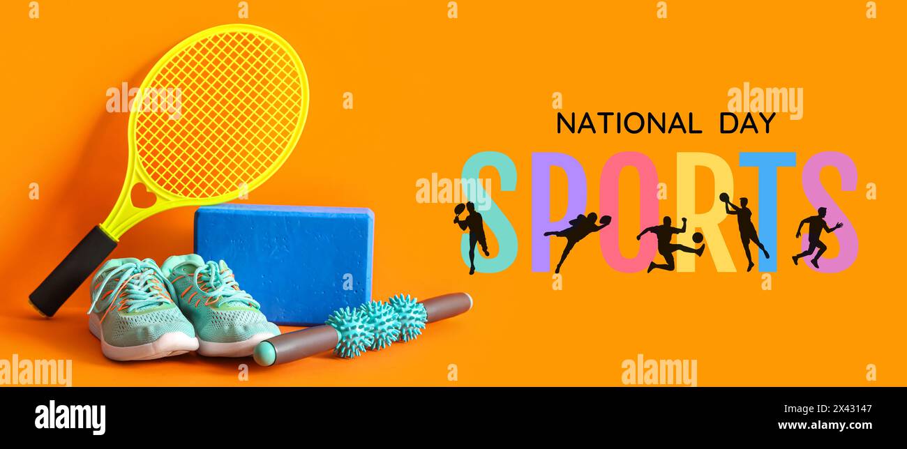 Banner per la giornata Nazionale dello Sport con diverse attrezzature Foto Stock
