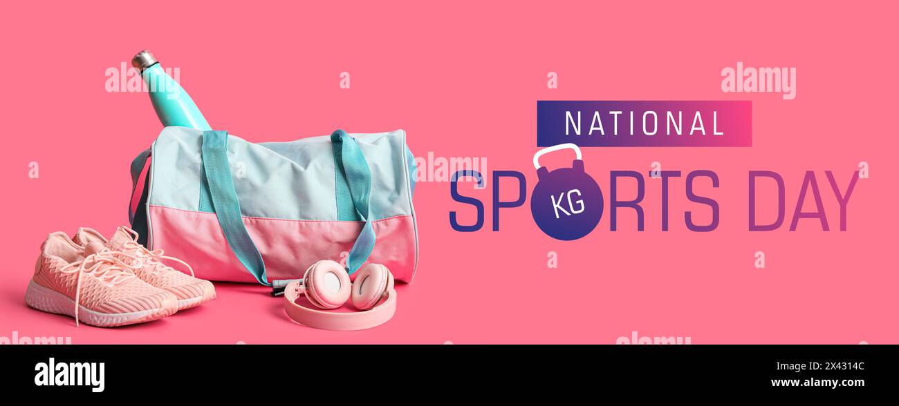 Banner per la giornata nazionale dello sport con borsa e attrezzature diverse Foto Stock