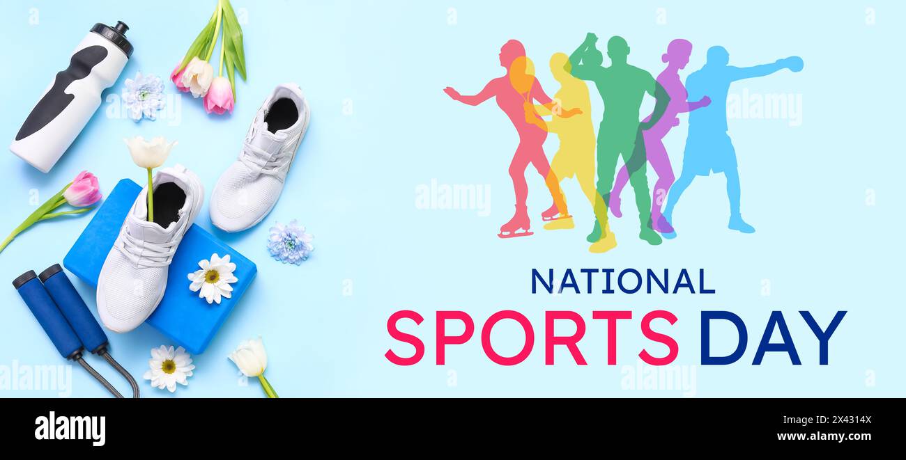 Banner per la giornata Nazionale dello Sport con attrezzature, scarpe e fiori diversi Foto Stock