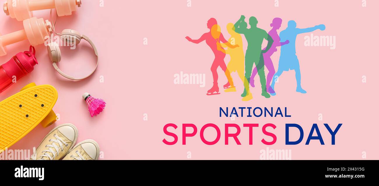 Banner per la giornata Nazionale dello Sport con diverse attrezzature Foto Stock