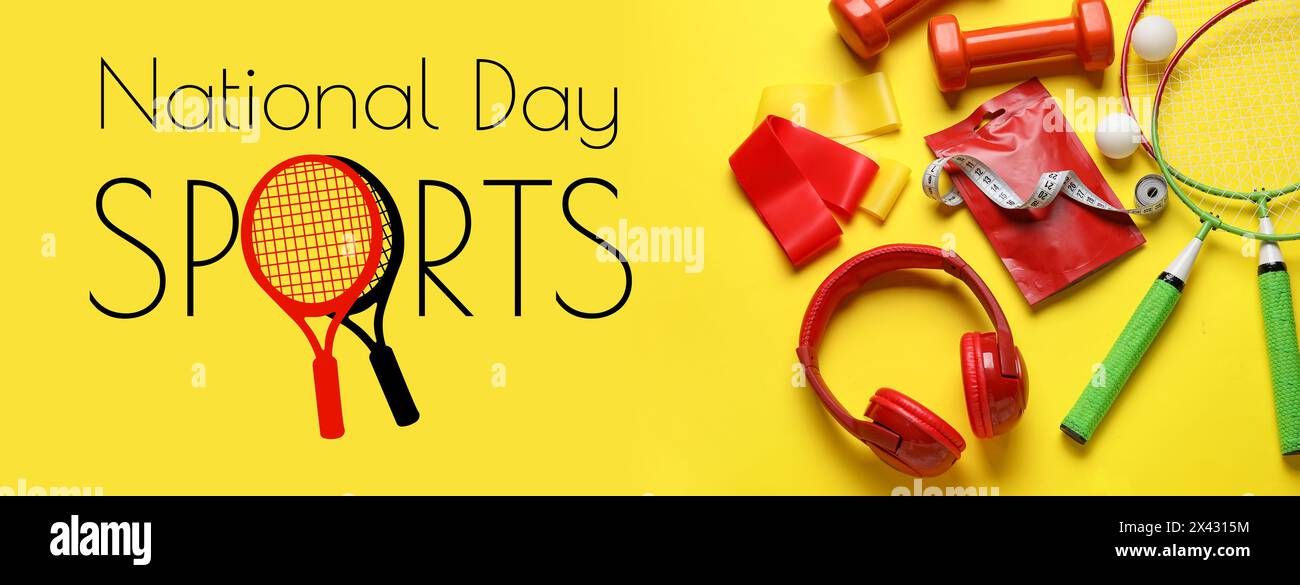 Banner per la giornata Nazionale dello Sport con diverse attrezzature Foto Stock