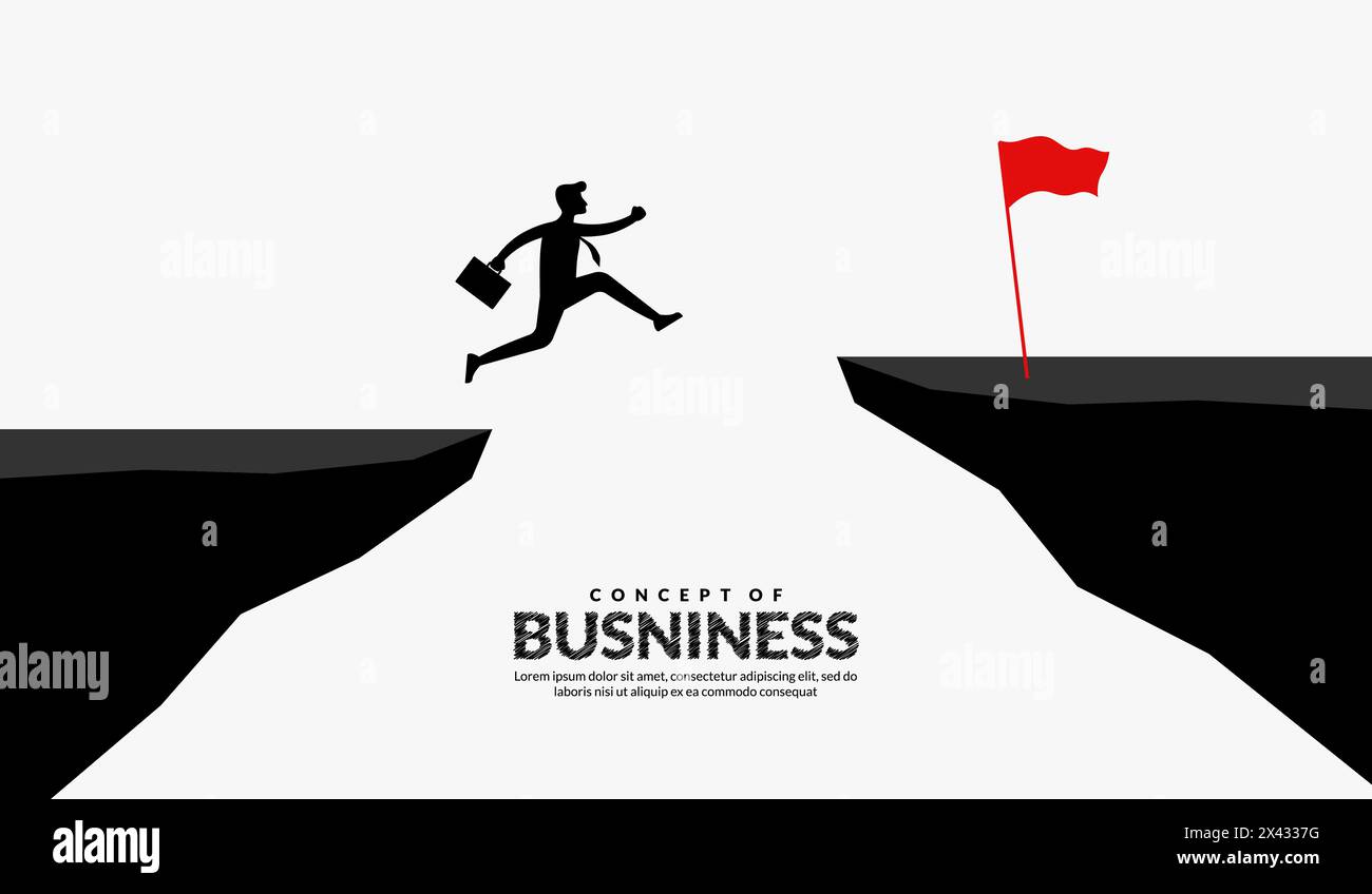 Un uomo d'affari salta su scogliere attraverso ostacoli al successo, al superamento del business e al concetto di successo Illustrazione Vettoriale