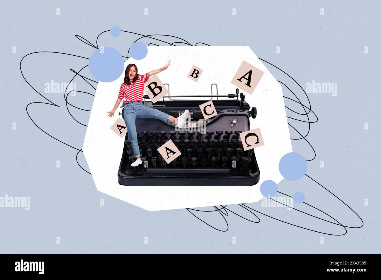 Collage fotografico composito di Happy girl dance enorme macchina da scrivere attrezzature retrò romanzo autore isolato su sfondo dipinto Foto Stock