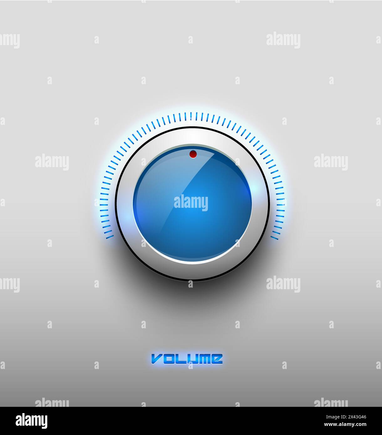Musica tecnologia bagliore blu lucida icona pulsante, le impostazioni di volume, il suono di vettore di controllo con manopola di plastica bianco anello, scala. Isolato su sfondo. Per Illustrazione Vettoriale