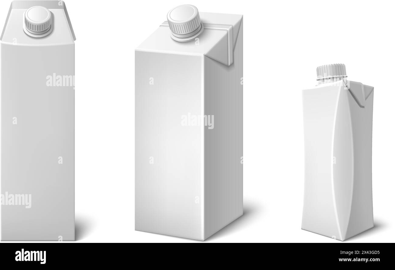Mockup con scatola di cartone per latte o succo isolati su sfondo bianco. Illustrazione vettoriale realistica di confezioni di carta per bevande con superficie vuota per il branding, contenitori grandi e piccoli con tappi in plastica Illustrazione Vettoriale