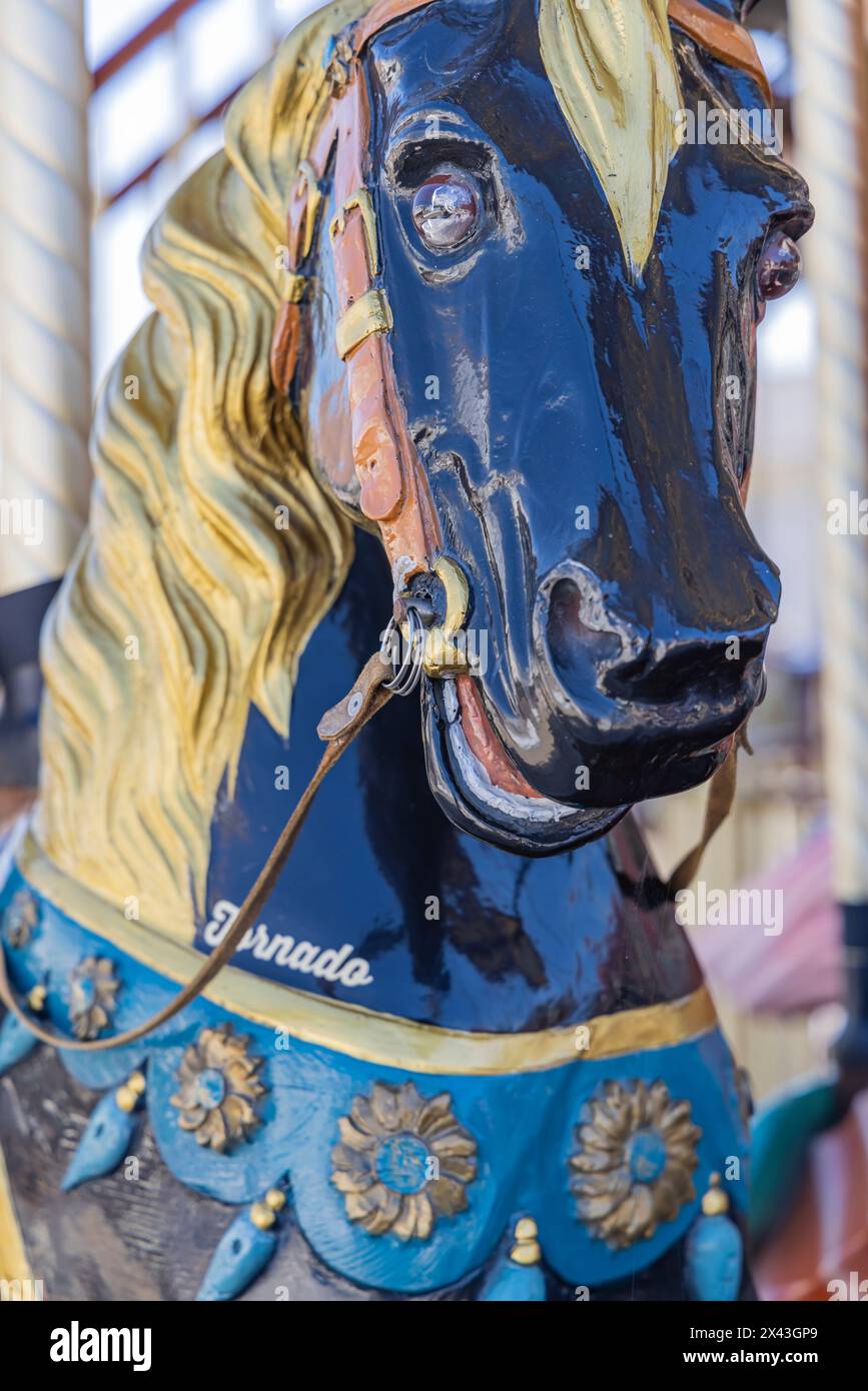 Saintes-Maries-de-la-Mer, Bouches-du-Rhone, Provence-Alpes-Cote d'Azur, Francia. Cavallo a giostra. (Solo per uso editoriale) Foto Stock