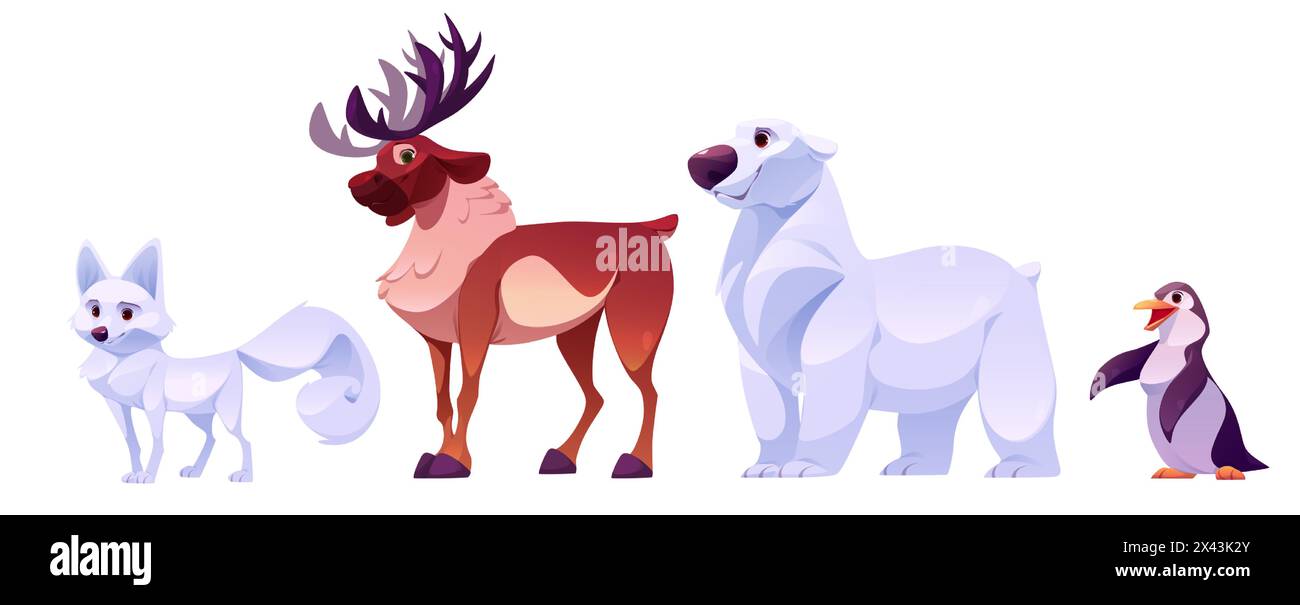 Animali del polo nord. Set di illustrazioni vettoriali cartoni animati con carini personaggi selvaggi dell'Artico toon: Volpe bianca, renne marroni con grandi corna, orso polare e pinguino. Mammiferi e uccelli invernali dell'Alaska. Illustrazione Vettoriale