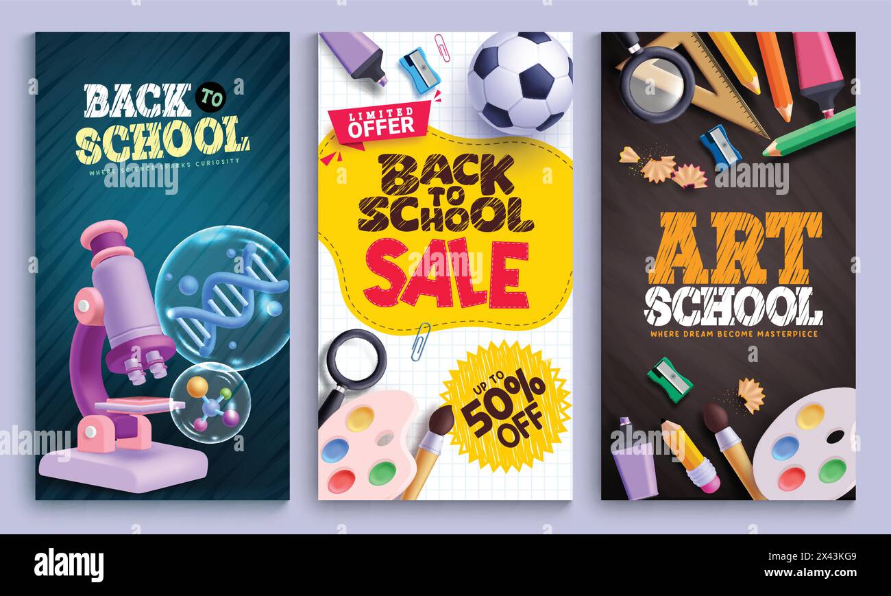 Design del set di poster vettoriali Back to School. Promozione di vendita Back to School, materiale didattico artistico per la raccolta di volantini didattici Illustrazione Vettoriale