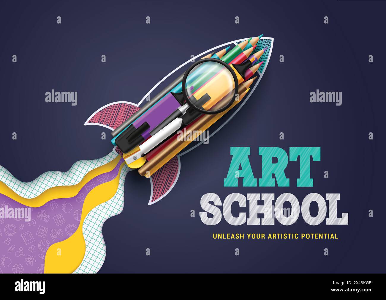 Design vettoriale della scuola d'arte. Back to School fornisce un sacco di elementi educativi e materiali artistici in un design creativo a forma di nave razzo. Illustrazione Vettoriale