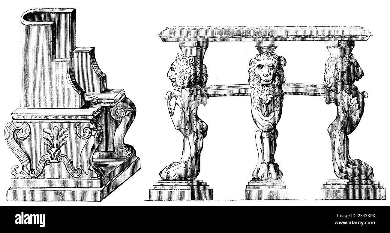 Sedia e tavolo, mobili di una ricca famiglia romana, Impero Romano, Roma, Italia, illustrazione storica 1884 Foto Stock