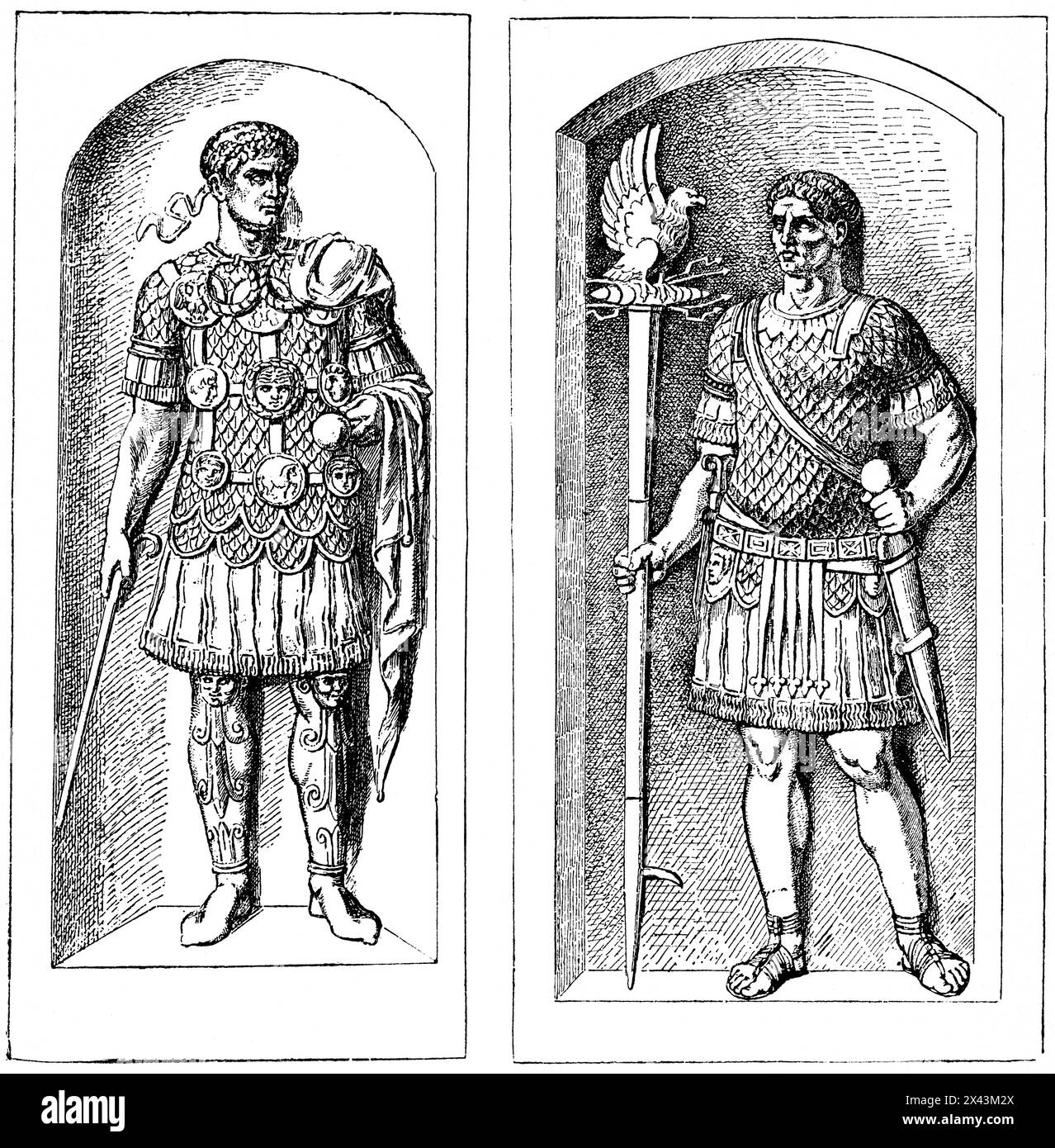 Decorato Centurio (a sinistra) e portatore standard, militare dell'Impero Romano, Italia, illustrazione storica 1884 Foto Stock
