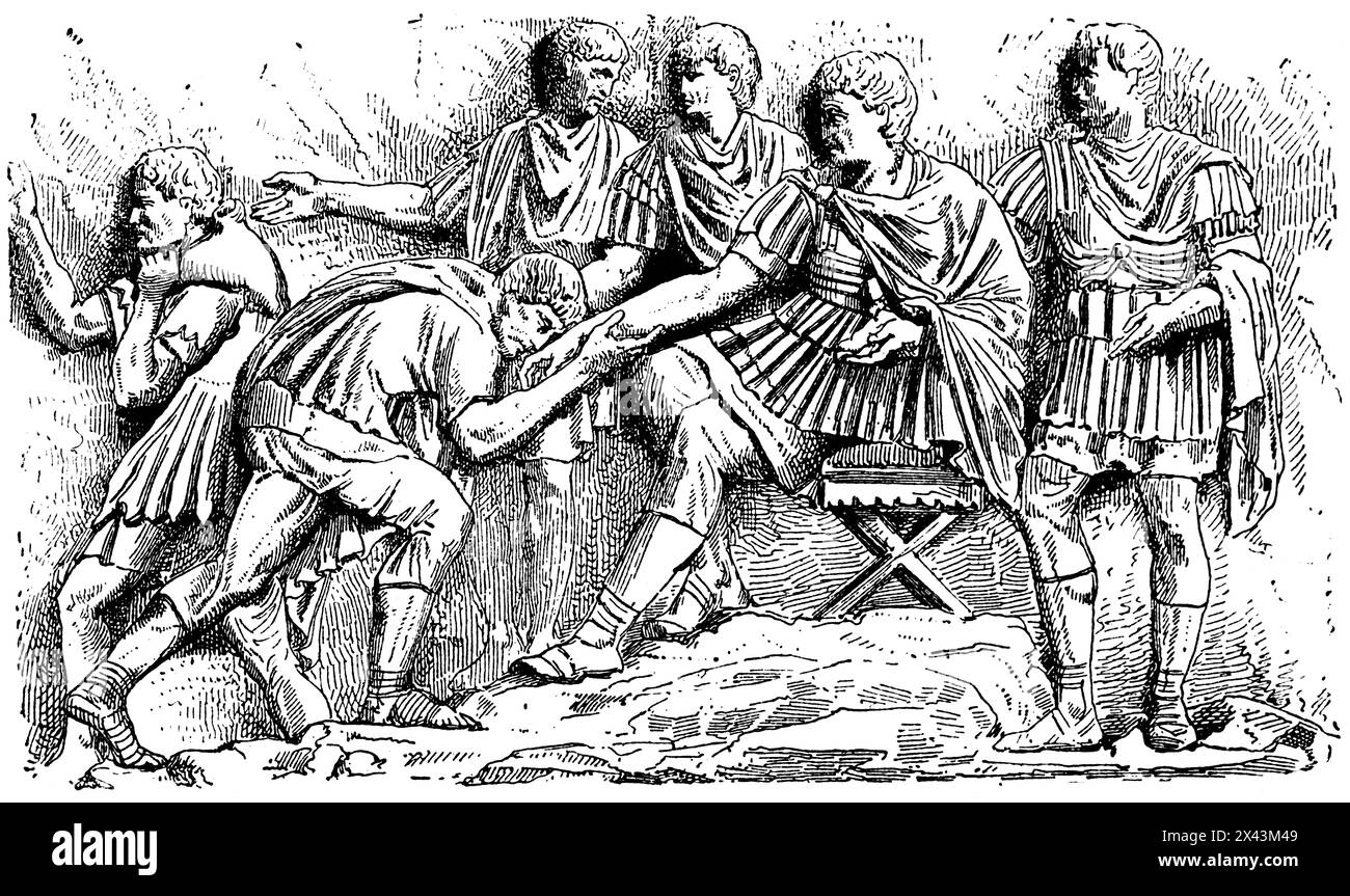 Soldati romani che ricevono le loro gratificazioni dall'imperatore Traiano dopo il loro servizio militare, Impero Romano, Italia, illustrazione storica 1884 Foto Stock