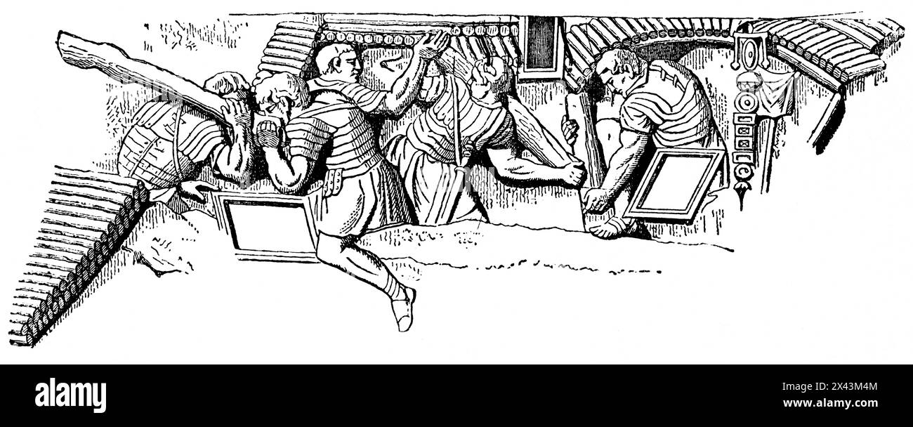 Soldati che lavorano in un campo che costruisce una fortificazione, Impero Romano, Italia, illustrazione storica 1884 Foto Stock