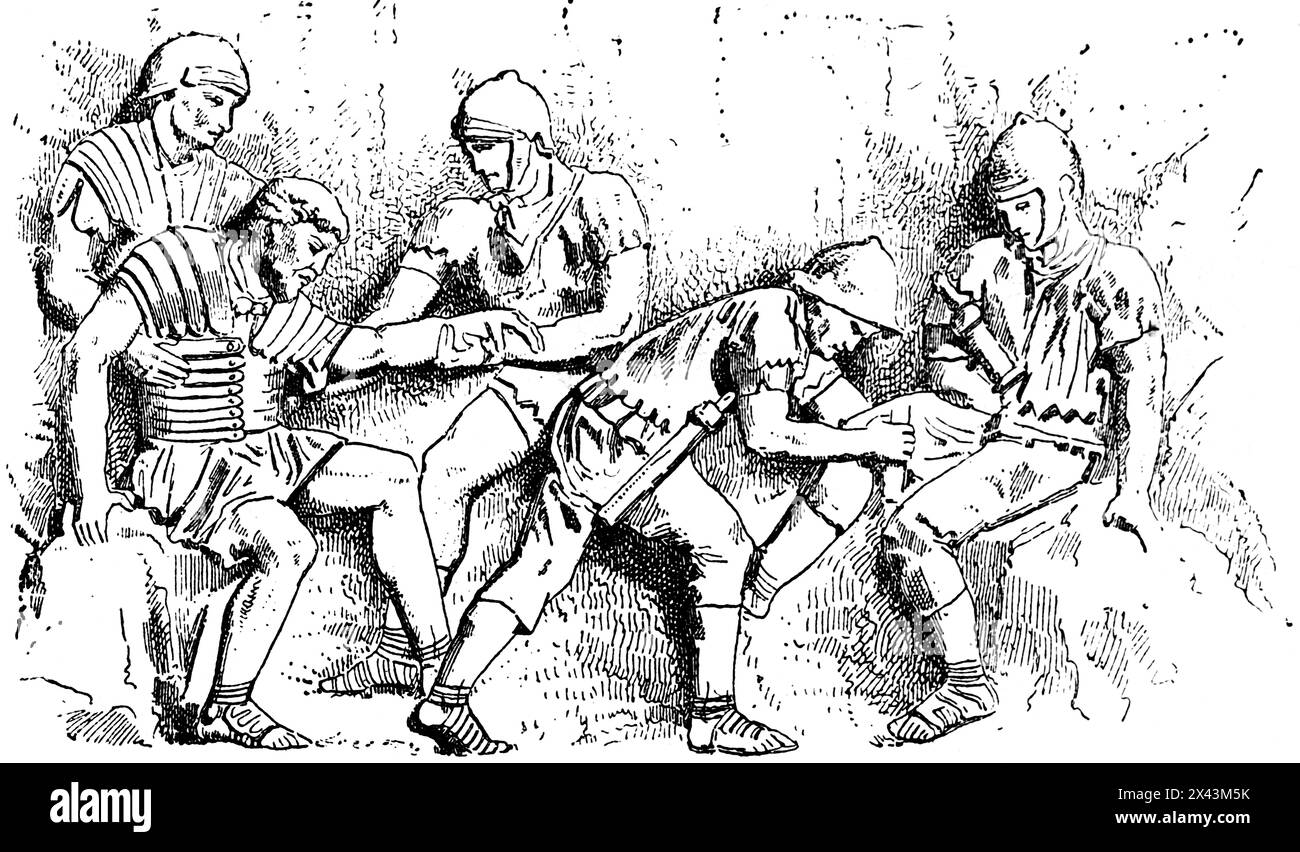 Medici militari romani che fanno il loro lavoro con soldati romani, Impero Romano, Italia, illustrazione storica 1884 Foto Stock