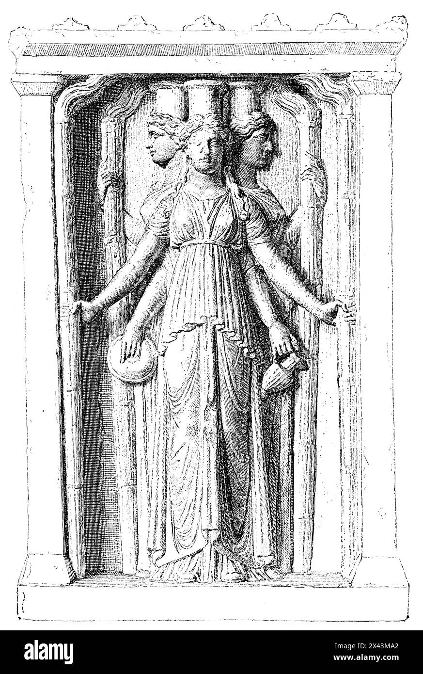 Triplo corpo Dea Ecate, Impero Romano, antica mitologia greca, illustrazione storica 1884 Foto Stock