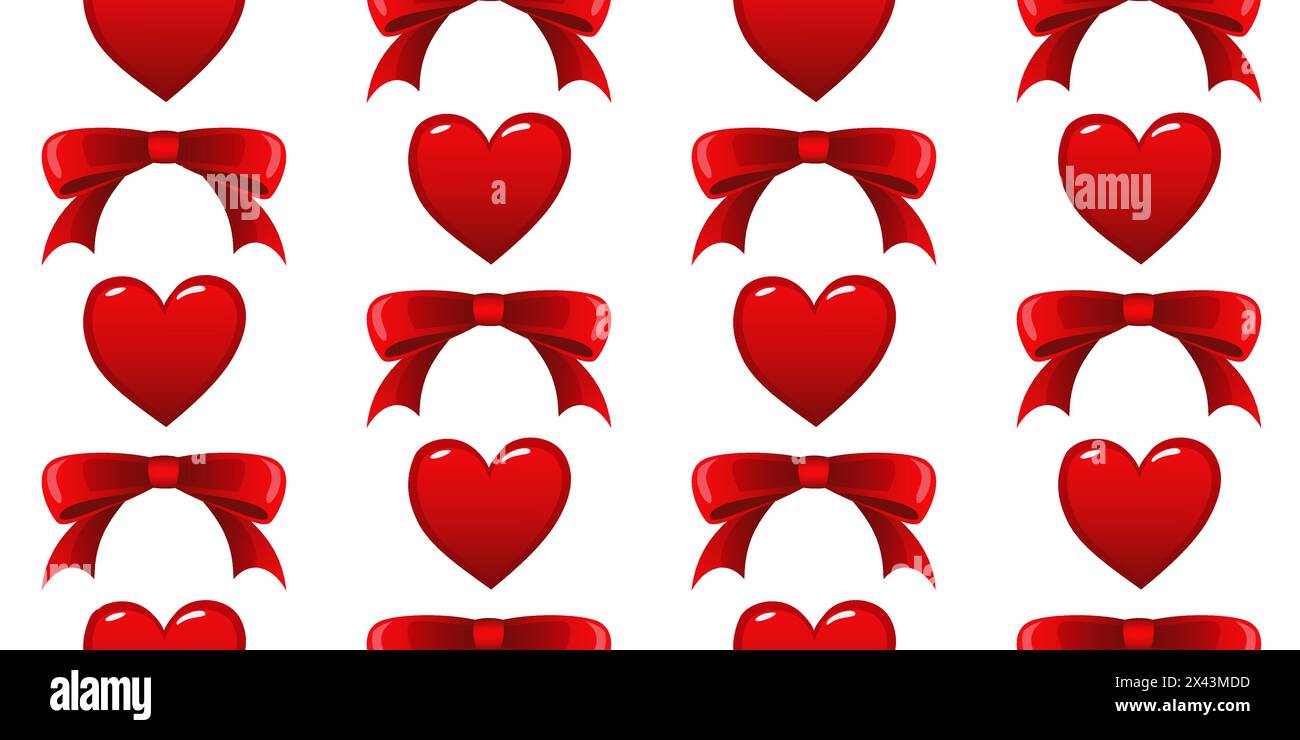 Motivo senza cuciture di cuori rossi con archi rossi tra di essi. Concetto di amore e romanticismo. Per tessuti, carta da parati, carta da imballaggio, imballaggi per feste. V Illustrazione Vettoriale