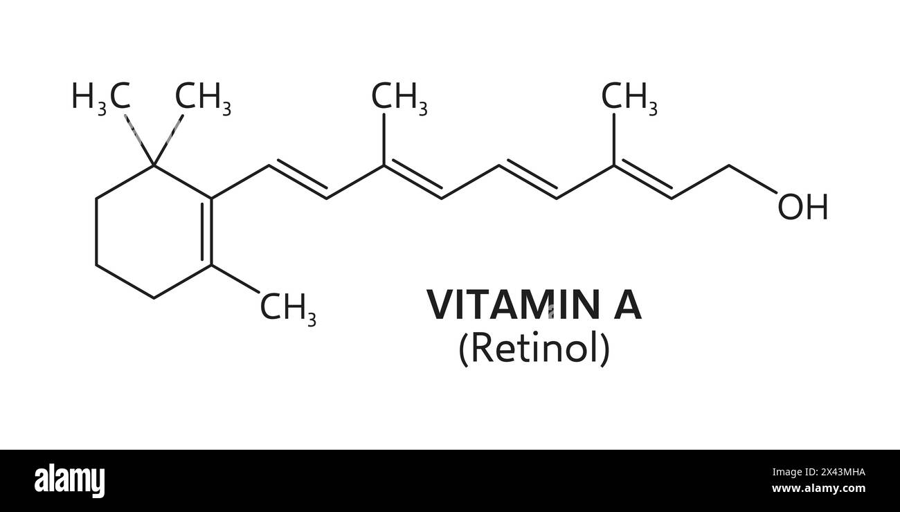 Formula di vitamina A, struttura chimica dei composti molecolari del retinolo. Formula scheletrica molecola retinoide della linea vettoriale, scienza chimica, medicina, tema educativo. Vitamina A formula integratore alimentare Illustrazione Vettoriale