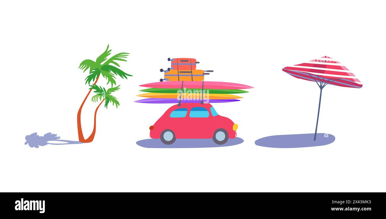 Set isolato Red passeggero valigie auto retrò tavola da surf palma tropicale ombrellone da spiaggia a righe bianche rosse Clipart Flat Vector Illustrazione Vettoriale
