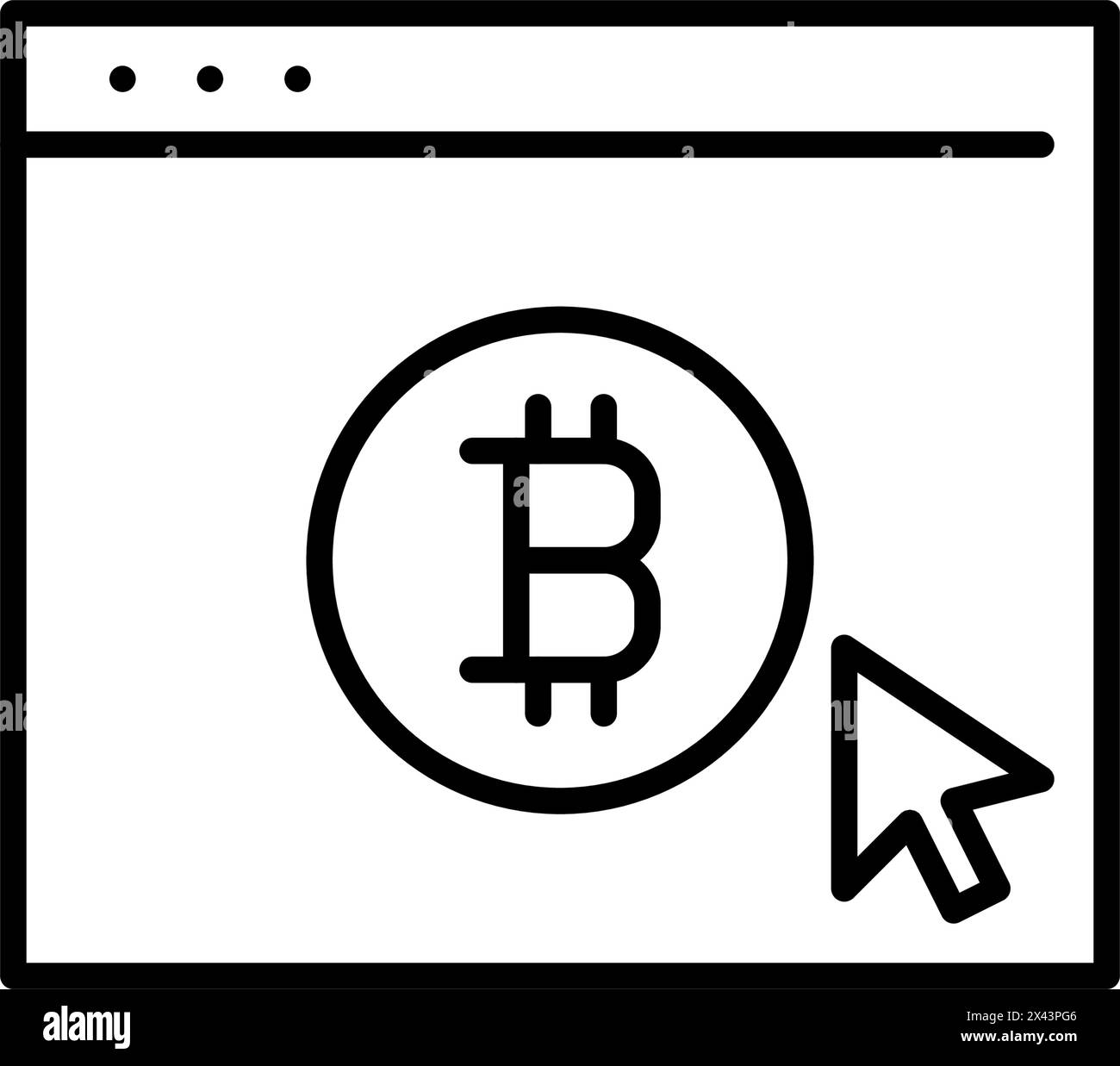 Pagina del browser facendo clic con il mouse sul simbolo bitcoin. Uso, trading e investimenti di criptovaluta. Vettore pixel Perfect Illustrazione Vettoriale