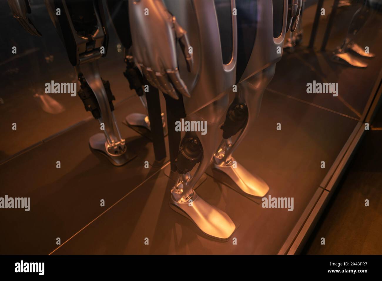 gambe di robot umanoidi futuristici, intelligenza artificiale moderna, tecnologia del futuro, concetto di robotica high-tech per l'integrazione dell'intelligenza artificiale, innovazione Foto Stock