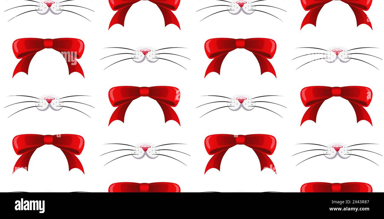 Naso rosa carino con baffi di animali domestici con archi rossi su sfondo bianco. Per tessuti, carta da parati, carta da imballaggio, imballaggi per feste. Illustrazione vettoriale. Illustrazione Vettoriale