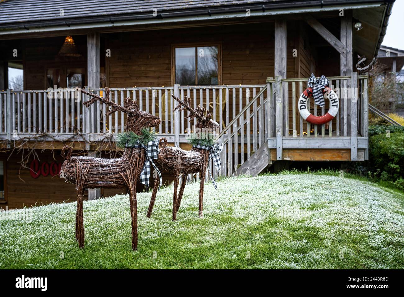 Statue di renne nel giardino dell'East Sussex, casa a Natale nel sud-est dell'Inghilterra, Regno Unito. Foto Stock