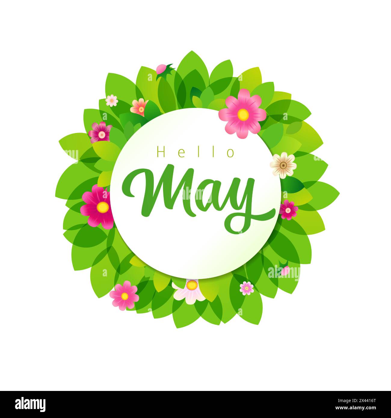 Poster di benvenuto sui social media di maggio. Messaggi di saluto sulla cronologia della rete. Corona verde e fiori rosa. Icona rotonda isolata. Decorazioni astratte primaverili o estive Illustrazione Vettoriale