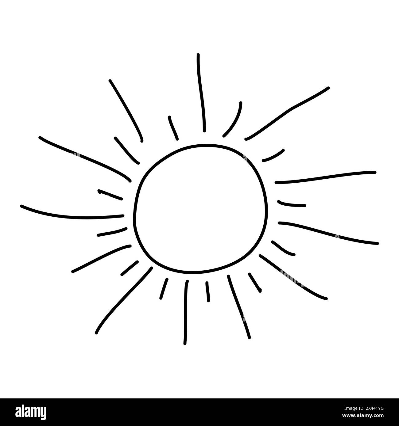 Doodle Sun disegnato a mano. Illustrazione vettoriale, isolata su bianco. Disegno del contorno nero del fenomeno naturale caldo. Grafica per bambini da colorare Illustrazione Vettoriale