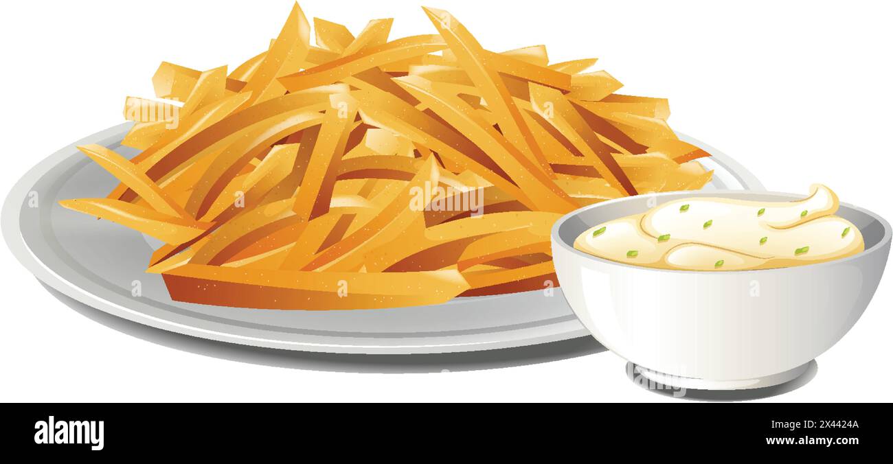 Piatto di patatine fritte dorate con un lato di salsa. Illustrazione Vettoriale
