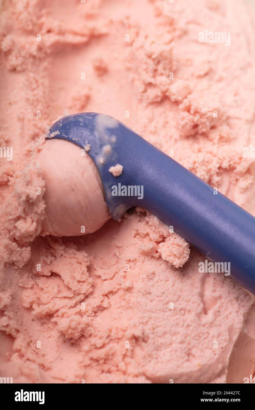 Servire una paletta di gelato alle fragole fatto in casa con una paletta per gelato dall'alto Foto Stock